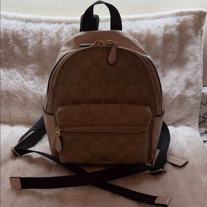 Coach Beige Signature Mini Backpack with Black Straps